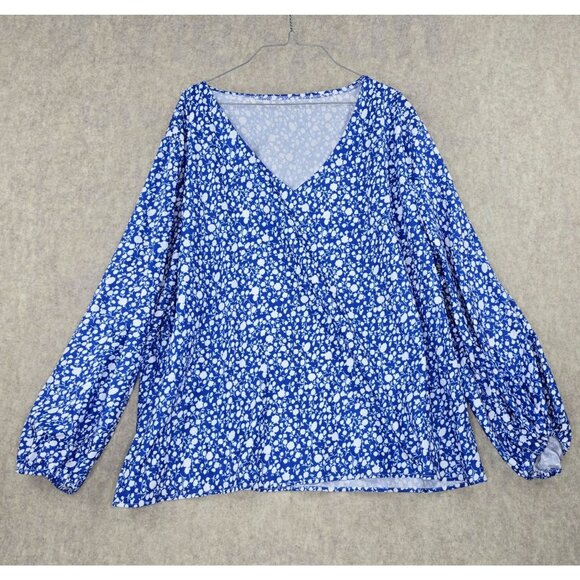 Blue Womens Plus Size Long Sleeve V-Neck Floral Blouse 5XL 100% Polyester - Picture 1 of 8